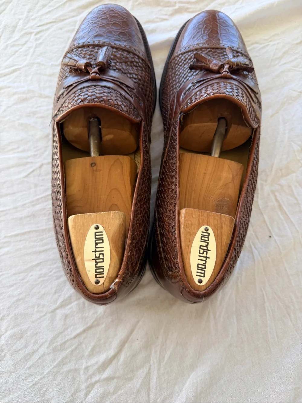 Mezlan embossed caramel Brown Woven Leather croc Tassel Loafers